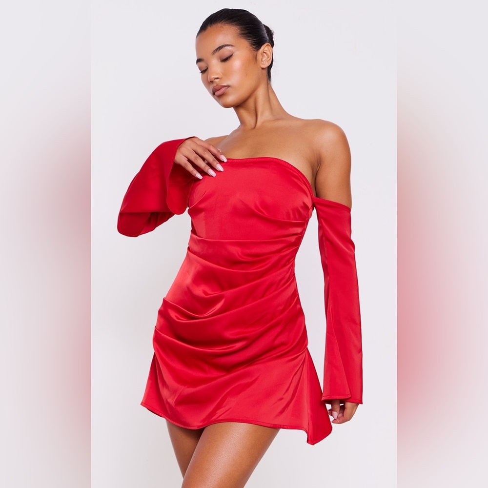 Red Satin Corset Bardot Ruched Long Sleeve Shift Dress
